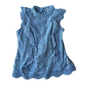 Adiva Womens Blue Lace Ruffle Sleeveless Mock Neck Blouse Top Small